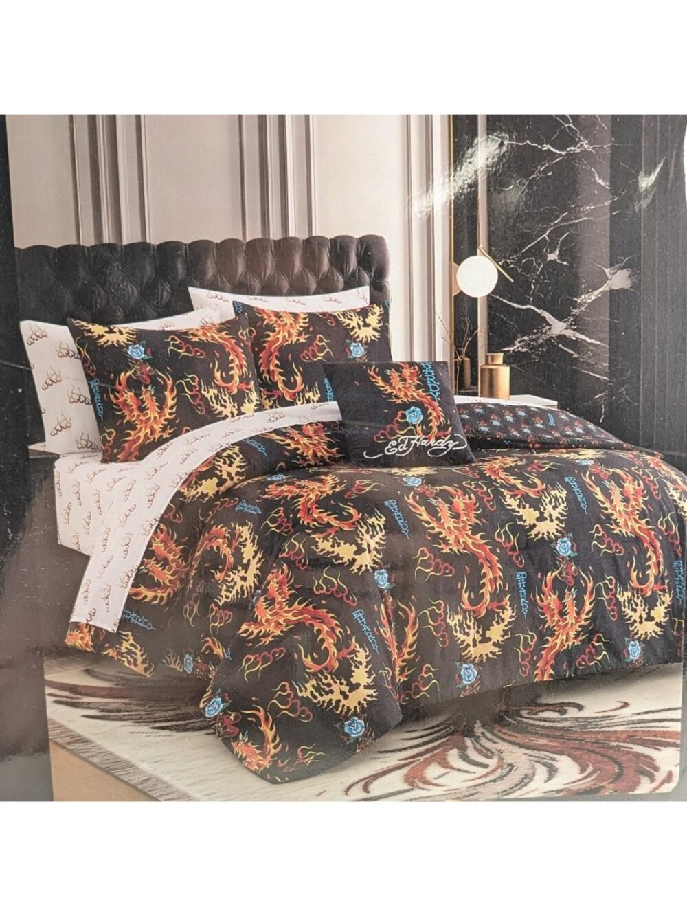 Ed Hardy Queen Comforter Set Shams Pillow Sheets w Black Roses Flames Black